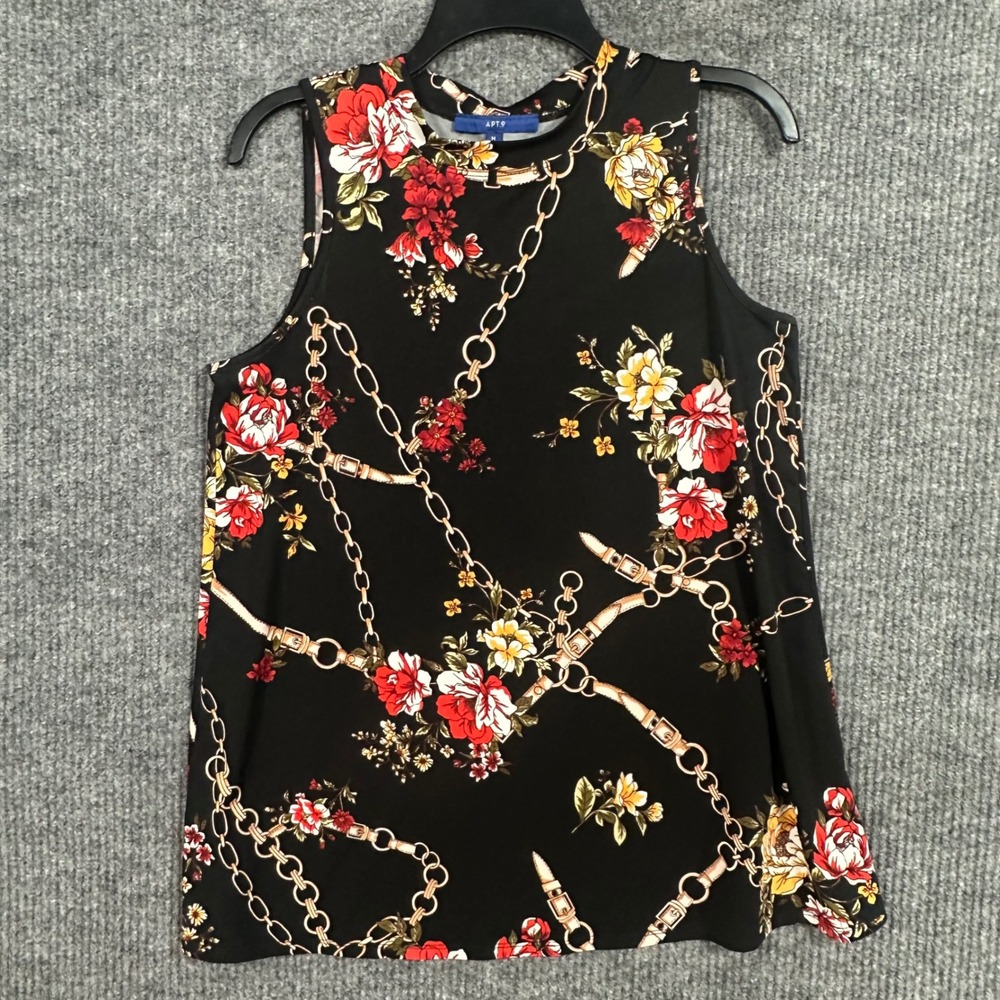 Apt. 9 Sleeveless Top Women M Black Red Excellent Floral Chain Scarf Print